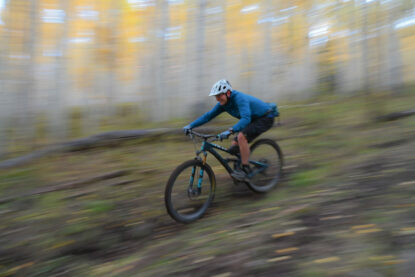 Mountain biker descends through a aspen grove on a fall ride.